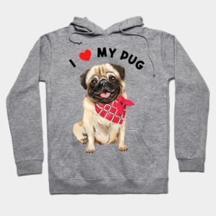 I Love My Pug Cute Pug with Red Scarf Illustration Art Hoodie